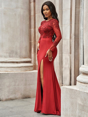 Stunning Long Sleeves Satin Lace Mermaid Prom Dresses with Slit