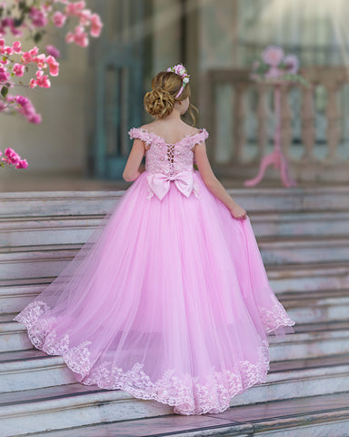 Robe de bal/robe de princesse en dentelle avec traîne rose pour anniversaire 