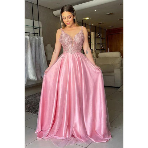 Robe de soirée longue à bretelles spaghetti et appliques en dentelle 