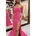 Robe de soirée bustier à paillettes et perles avec fente latérale 
