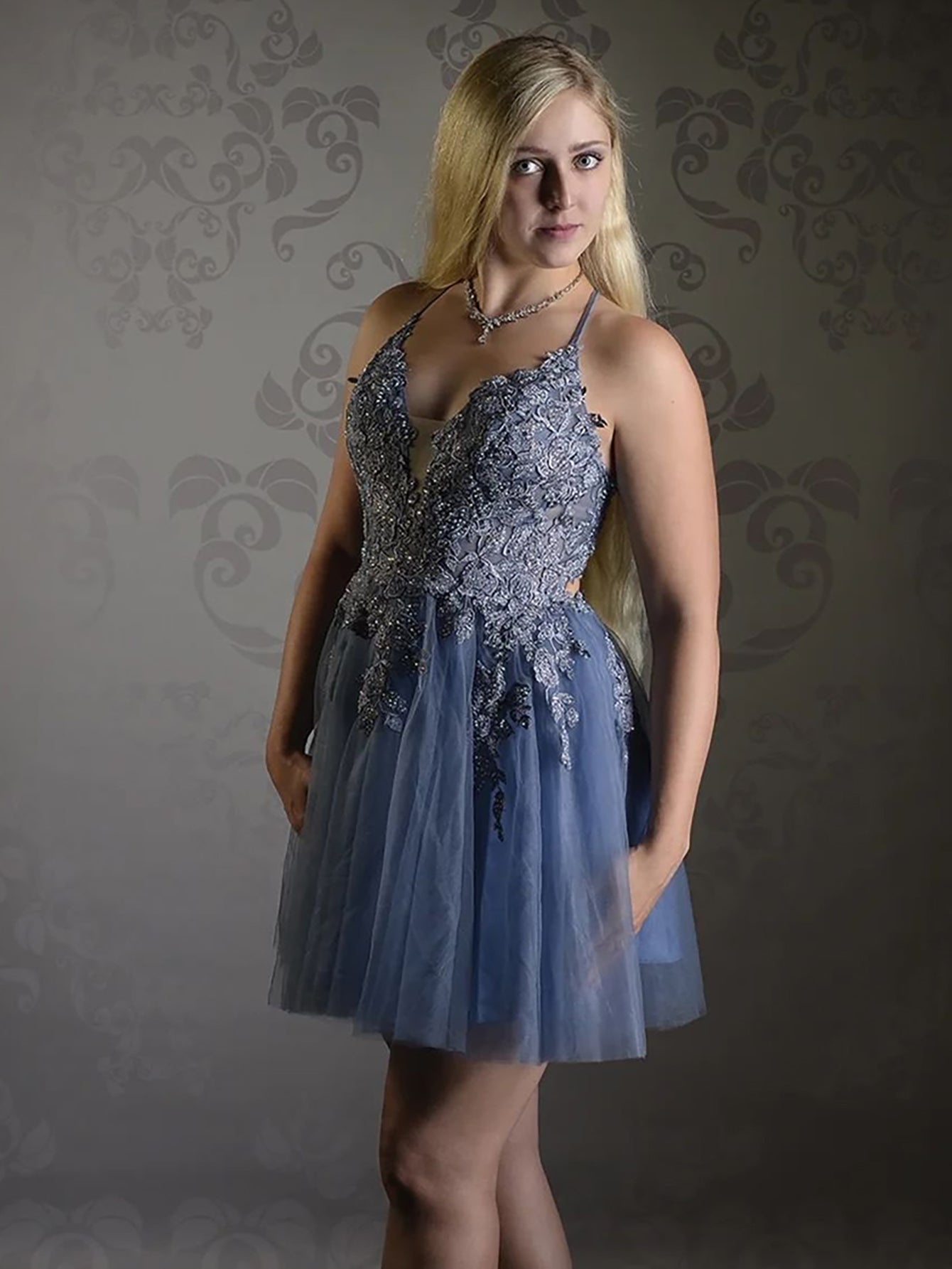 Vestido corto de fiesta de bienvenida con apliques de tul rosa rubor de corte línea A