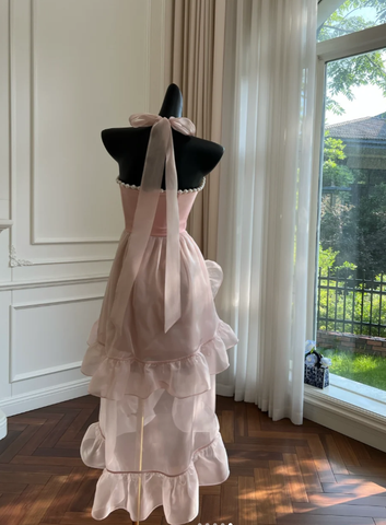 Simple Halter Pink Tulle Pearls Beaded High-Low Ruffles Homecoming Dress Party Dress Y8582
