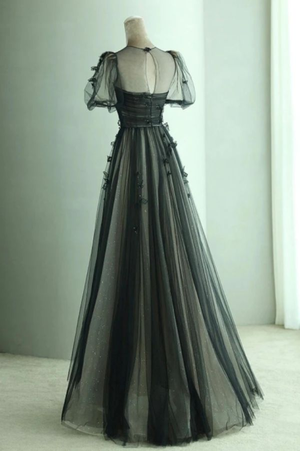Vestido largo de fiesta negro de tul con mangas abullonadas y corte en A, modelo Y7334