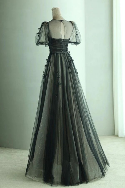 Robe de bal longue noire en tulle à manches bouffantes et coupe trapèze, référence Y7334