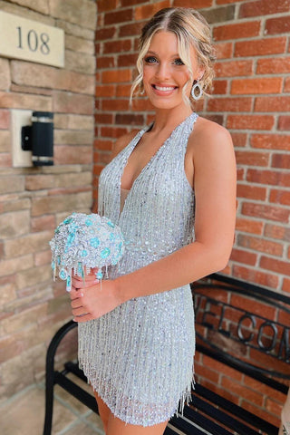 Bodycon Deep V Neck Silver Short Homecoming Dress with Fringe