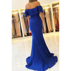 Robe de soirée sirène chic en satin bleu royal à épaules dénudées et fente haute 