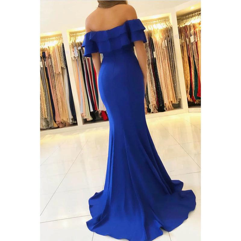 Robe de soirée sirène chic en satin bleu royal à épaules dénudées et fente haute 
