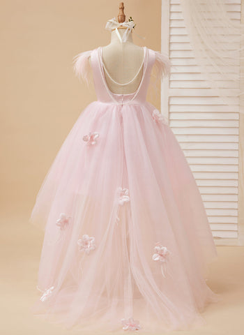 Vestido de niña de las flores de tul sin mangas estilo princesa con cuentas y lazo de plumas (010224704) 