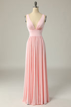 Robe de bal longue jaune classique trapèze à col en V et fente sur le devant