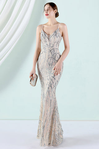 Apricot Silver Spaghetti Straps Mermaid Prom Dress