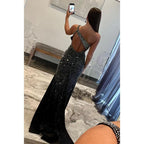 Vestido de fiesta negro con un hombro al descubierto y cuentas, corte tubo/columna, vestidos de noche 