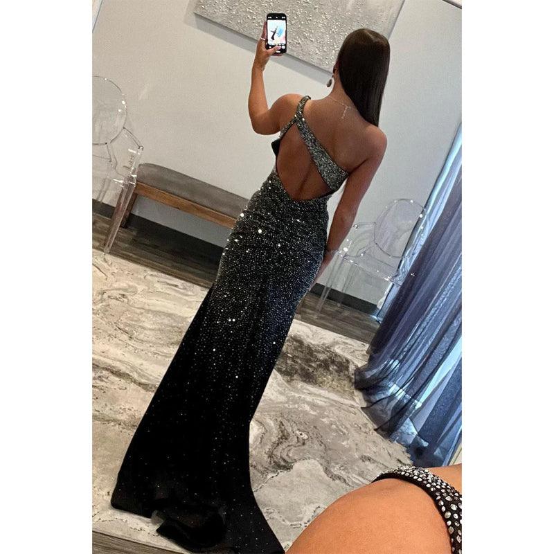 Vestido de fiesta negro con un hombro al descubierto y cuentas, corte tubo/columna, vestidos de noche 