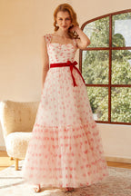 Robe de bal longue princesse trapèze décolleté cœur avec nœud papillon