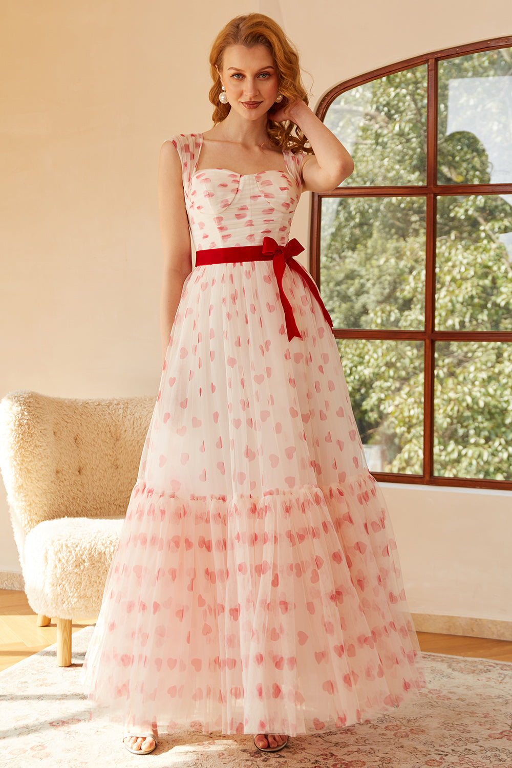 Robe de bal longue princesse trapèze décolleté cœur avec nœud papillon