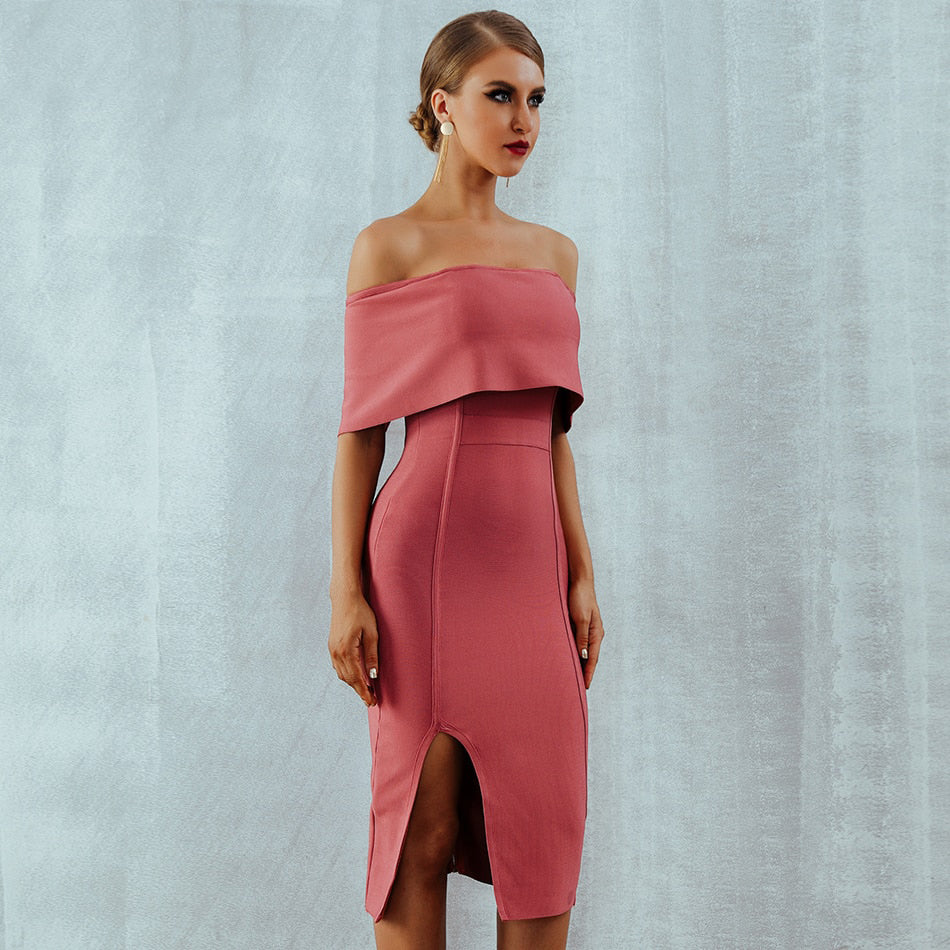 Summer Woman Bandage Dress Slash Neck Bodycon Off Shoulder Midi Club Dress Celebrity Evening Party Dress Vestidos