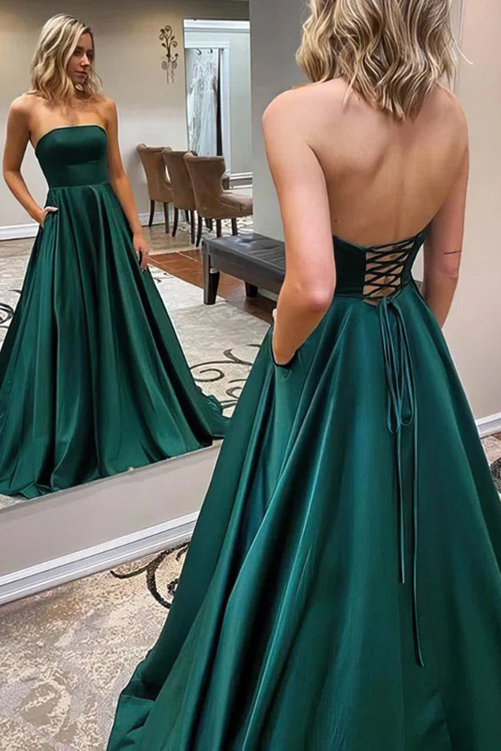 Vestido largo de fiesta verde oscuro sin tirantes, corte en A, espalda cruzada.