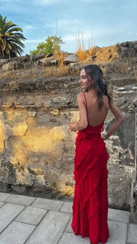 Vestido de fiesta largo rojo con volantes y espalda descubierta, estilo sexy, modelo Y7474