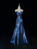 Robe de soirée sirène bustier sexy ornée de perles, bleu satiné, décolleté cœur, Y7928