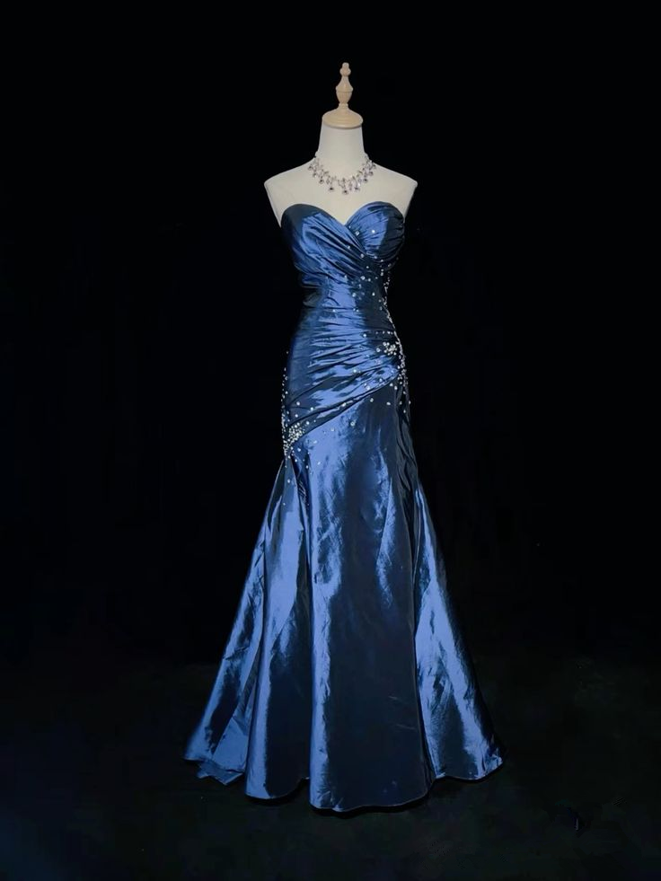 Robe de soirée sirène bustier sexy ornée de perles, bleu satiné, décolleté cœur, Y7928