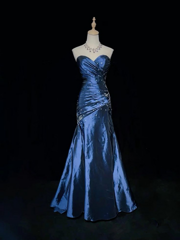 Vestido de noche de sirena sexy sin tirantes con cuentas, azul, escote corazón, satén, vestido de graduación Y7928