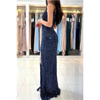 Robe de bal longue sirène à bretelles spaghetti et col en V avec fente latérale 