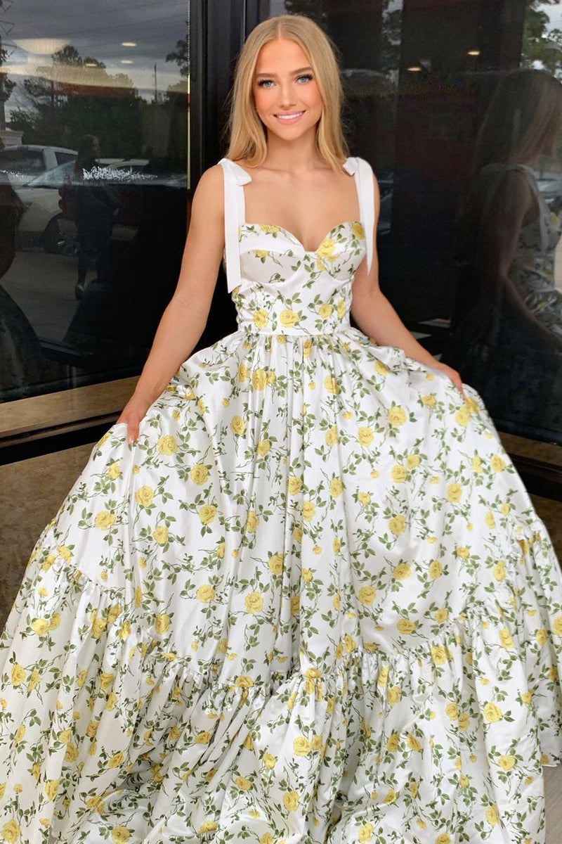 Vestidos largos de fiesta de satén con estampado floral y escote corazón, corte en A