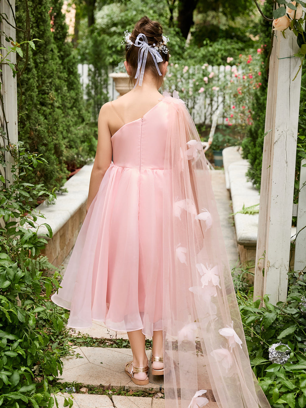 Vestido rosa de organza de corte A hasta la rodilla (010220821) 