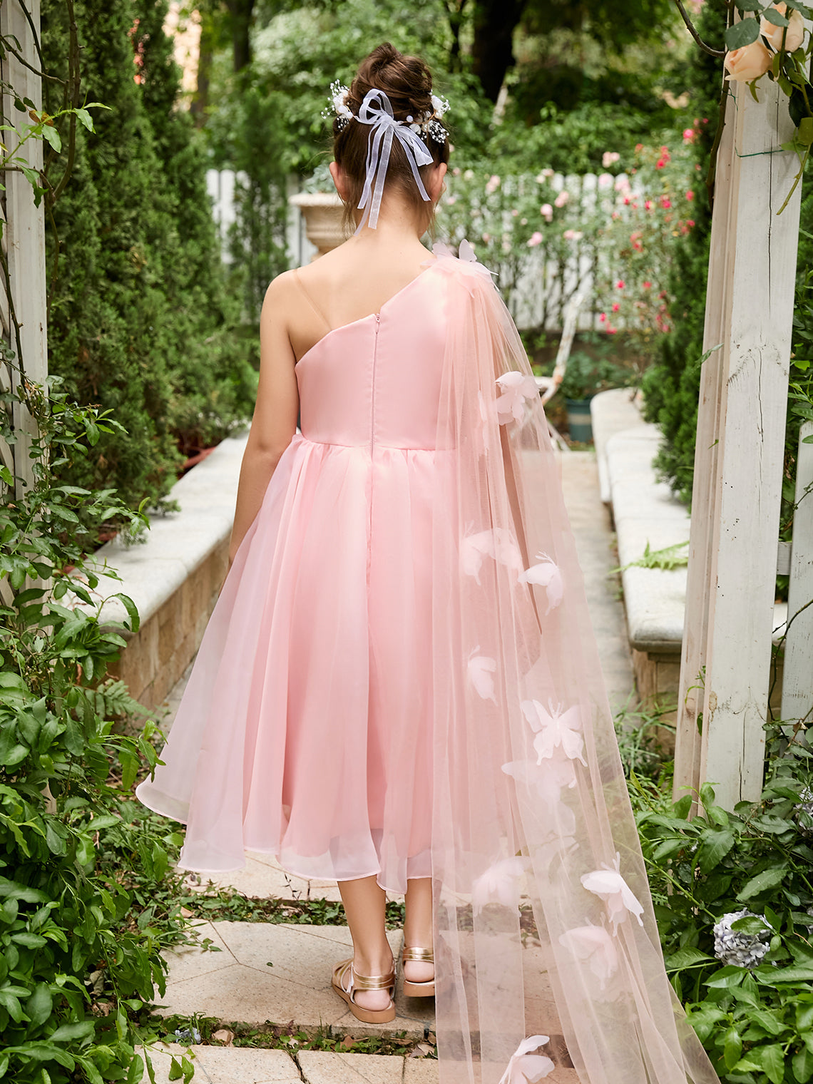 Vestido rosa de organza de corte A hasta la rodilla (010220821) 