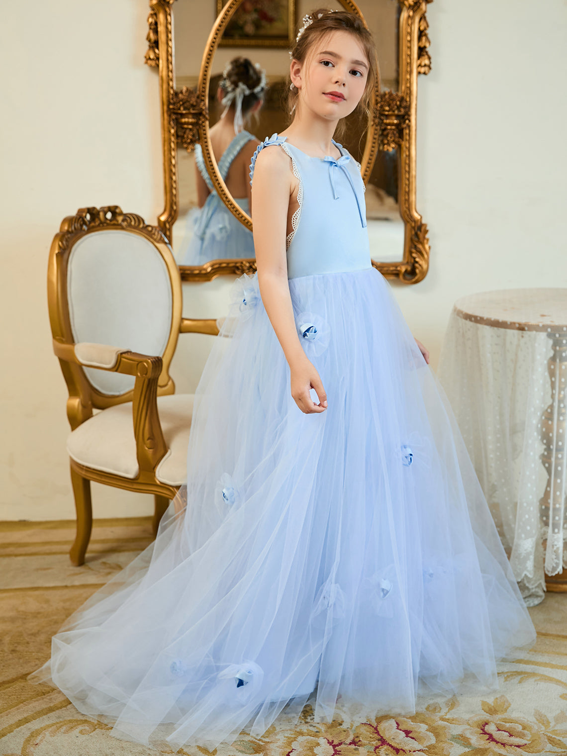 Vestido de niña de las flores azul con cola de tul estilo princesa/baila de baile 