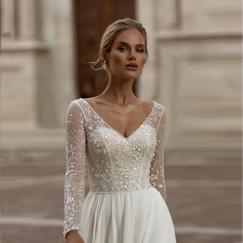 Modern Long Sleeve Wedding Dresses Simple Chiffon Lace Sequined Bridal Gowns Charming Backless A-Line vestidos de noiva