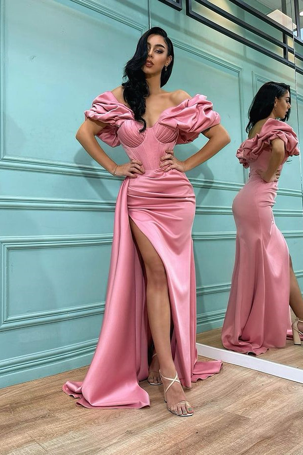 Split Front Rose Petal Pink Mermaid Prom Dress with Off-The-Shoulder