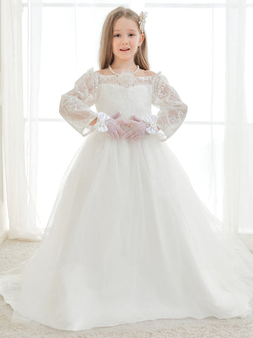 Vestido largo de tul y encaje color marfil, corte en A (2003227154) 