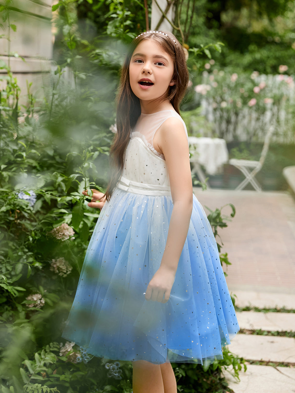 Vestido de princesa/vestido de tul azul hasta la rodilla para niña de las flores 