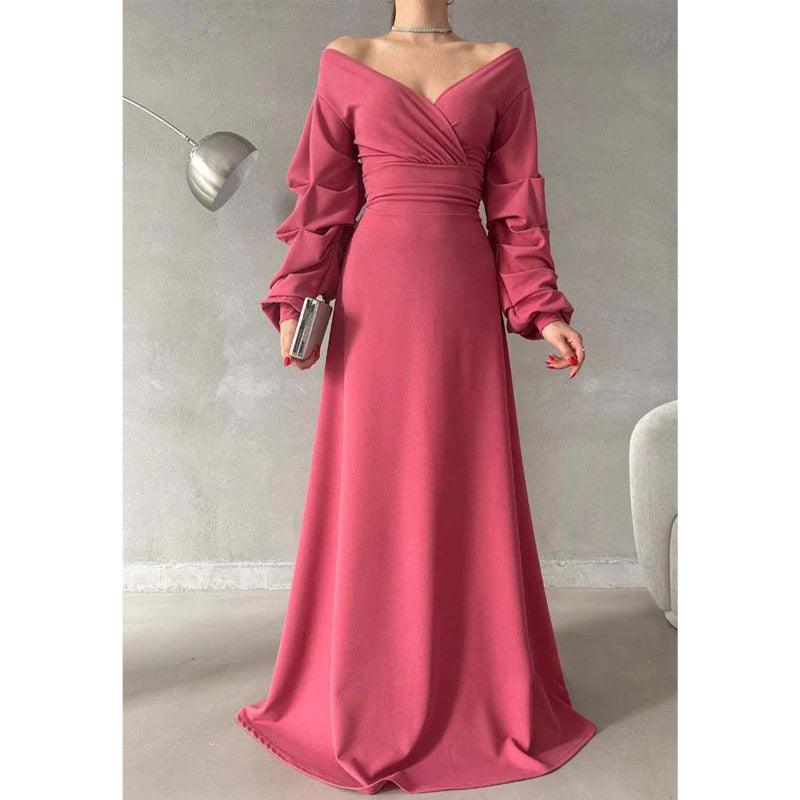 Robe de bal longue simple, coupe trapèze, col en V, épaules dénudées, manches bouffantes 