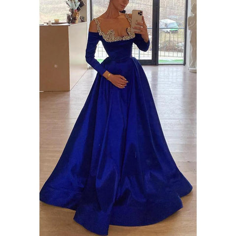 Satin A-line Off-shoulder Beaded Empire Party Prom Evening Dress