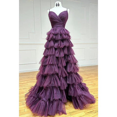 Robe de soirée trapèze sexy et tendance, décolleté en V, bretelles spaghetti fendues, dos nu