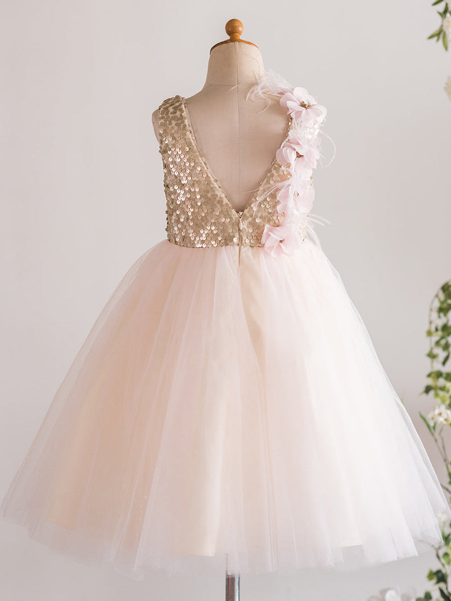 Vestido rosa perla de corte A y largo hasta la rodilla de tul (010226992) 