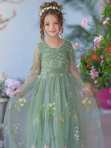 Vestido largo de niña de las flores de jardín, de tul bordado con encaje floral y corte en A 