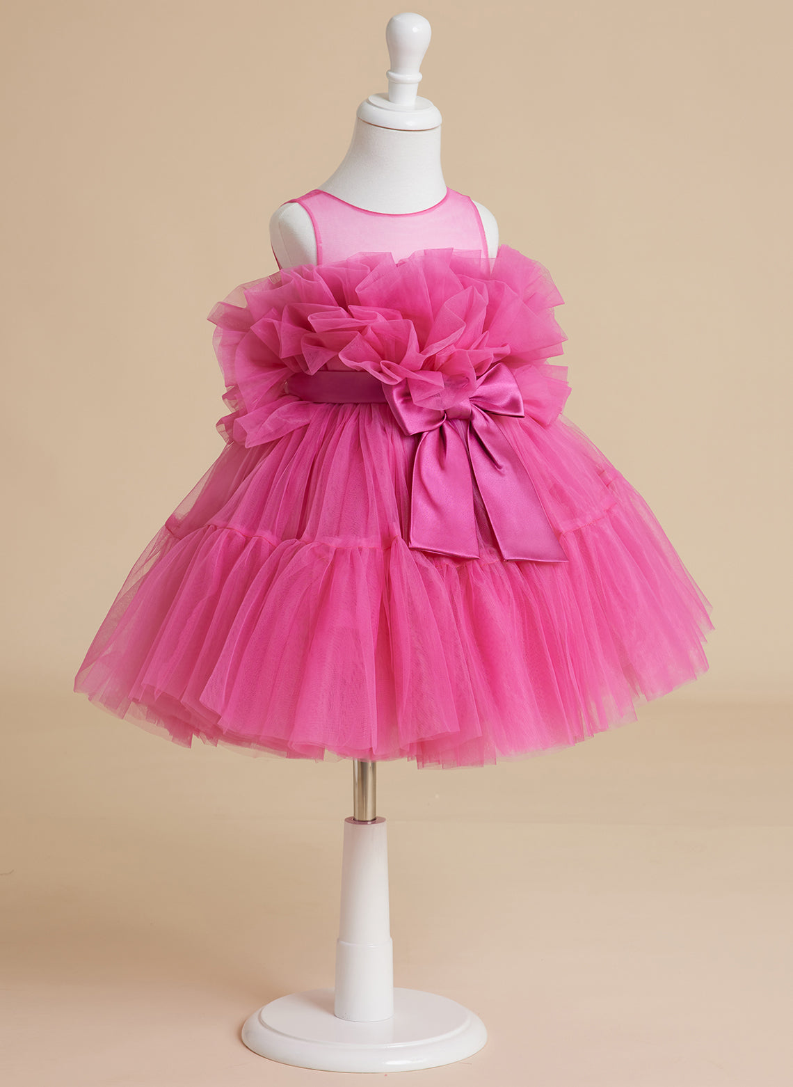 Encantador vestido rosa de princesa sin mangas de tul para niña de las flores con detalle de lazo (010224355) 