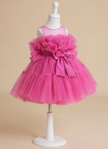 Encantador vestido rosa de princesa sin mangas de tul para niña de las flores con detalle de lazo (010224355) 