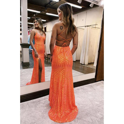 Robe de bal de fin d'année à bretelles spaghetti et col en V, dos nu, fente latérale