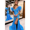 Vestido de fiesta largo de sirena con escote en V, lentejuelas, apliques y plumas, sexy, con abertura