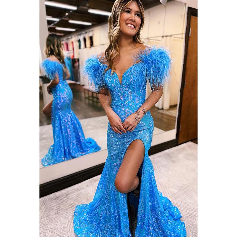 Vestido de fiesta largo de sirena con escote en V, lentejuelas, apliques y plumas, sexy, con abertura