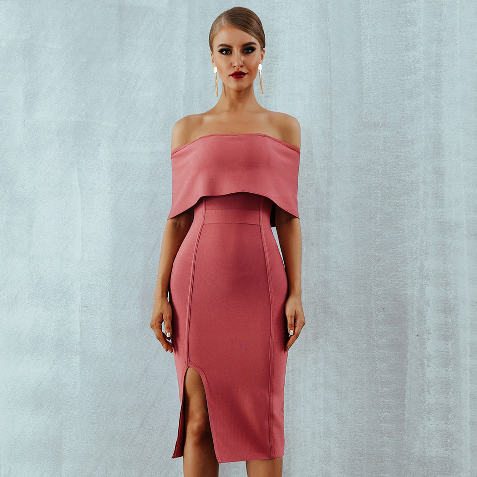 Summer Woman Bandage Dress Slash Neck Bodycon Off Shoulder Midi Club Dress Celebrity Evening Party Dress Vestidos
