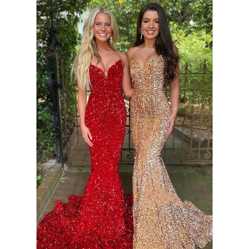 Vestido de fiesta de sirena con lentejuelas y escote en V sexy y purpurina 