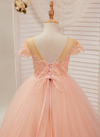 Vestido rosa de princesa con cola de tul y encaje, estilo baile de gala (2003226644) 
