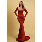 Robe de soirée sirène sexy et tendance à manches longues, avec perles carrées