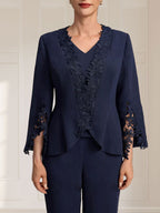 Combinaison/Tailleur-pantalon deux pièces, robe longue en mousseline à col V pour la mère de la mariée