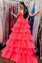 Lavender V-Neck Ruffle Tiered Long Prom Gown