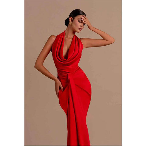 Robe de soirée longue sirène rouge sexy à col en V et plis